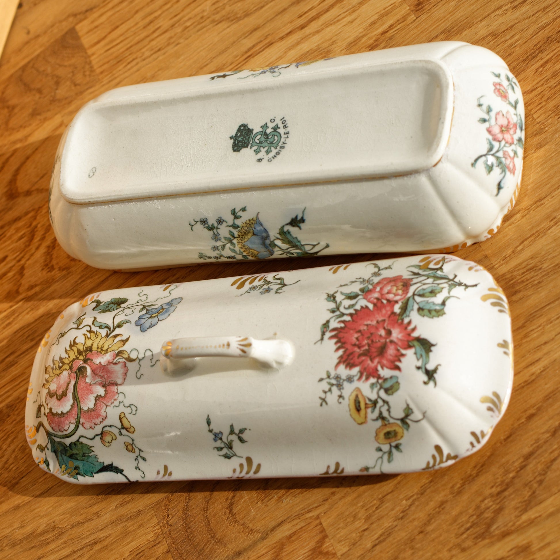 H&B CHOISY-LE-ROI French Antique Ironstone Polychrome Floral Rectangular lidded Toiletry Dish Gilded Gold Trim