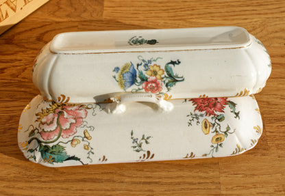 H&B CHOISY-LE-ROI French Antique Ironstone Polychrome Floral Rectangular lidded Toiletry Dish Gilded Gold Trim