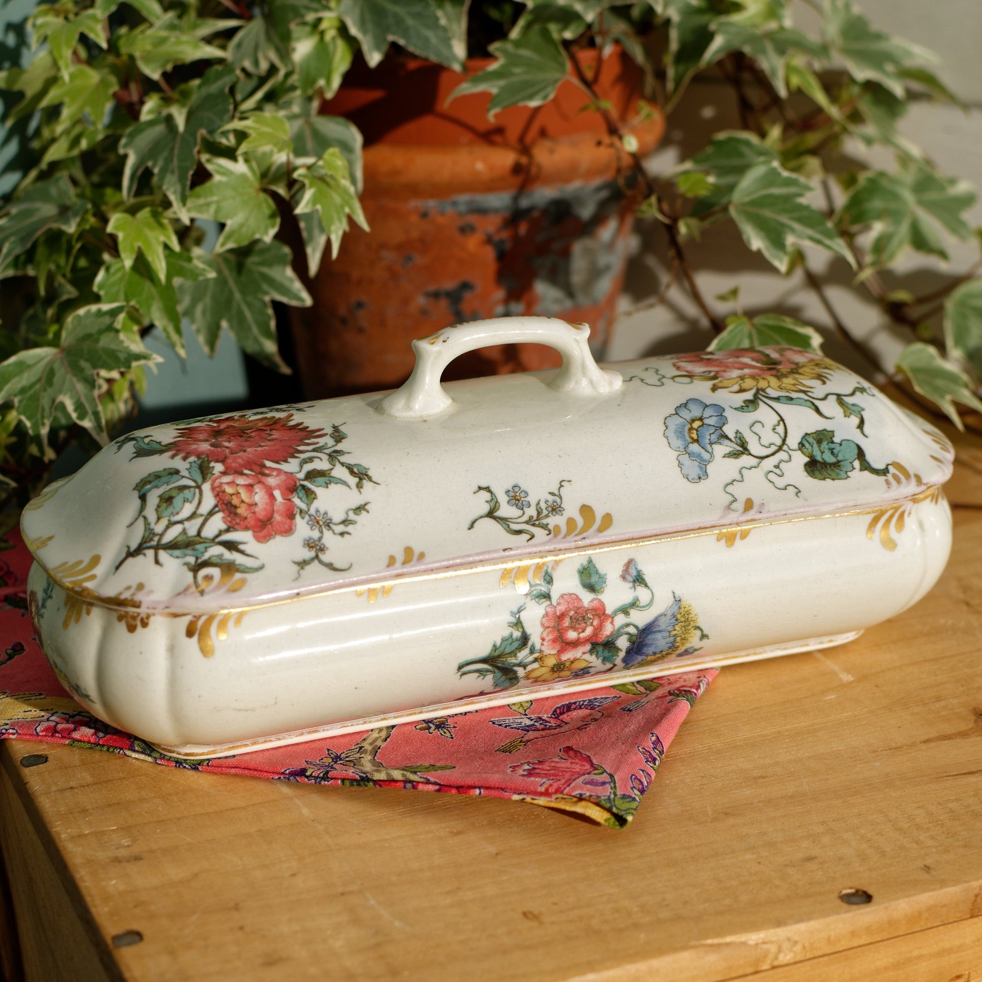 H&B CHOISY-LE-ROI French Antique Ironstone Polychrome Floral Rectangular lidded Toiletry Dish Gilded Gold Trim 