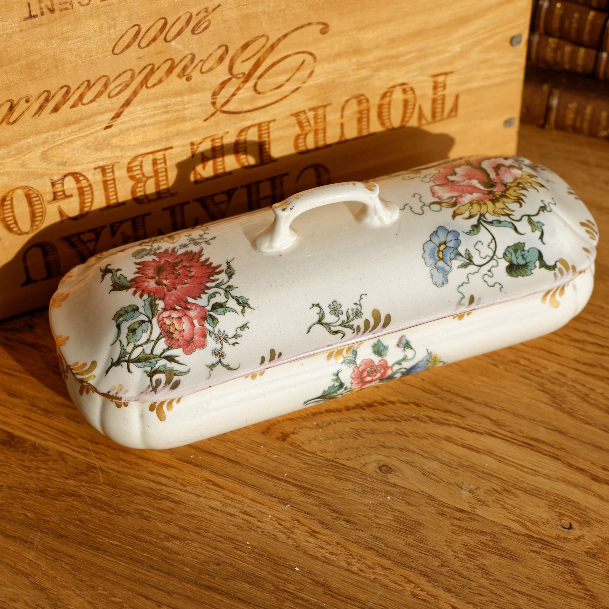 H&B CHOISY-LE-ROI French Antique Ironstone Polychrome Floral Rectangular lidded Toiletry Dish Gilded Gold Trim