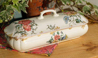 H&B CHOISY-LE-ROI French Antique Ironstone Polychrome Floral Rectangular lidded Toiletry Dish Gilded Gold Trim