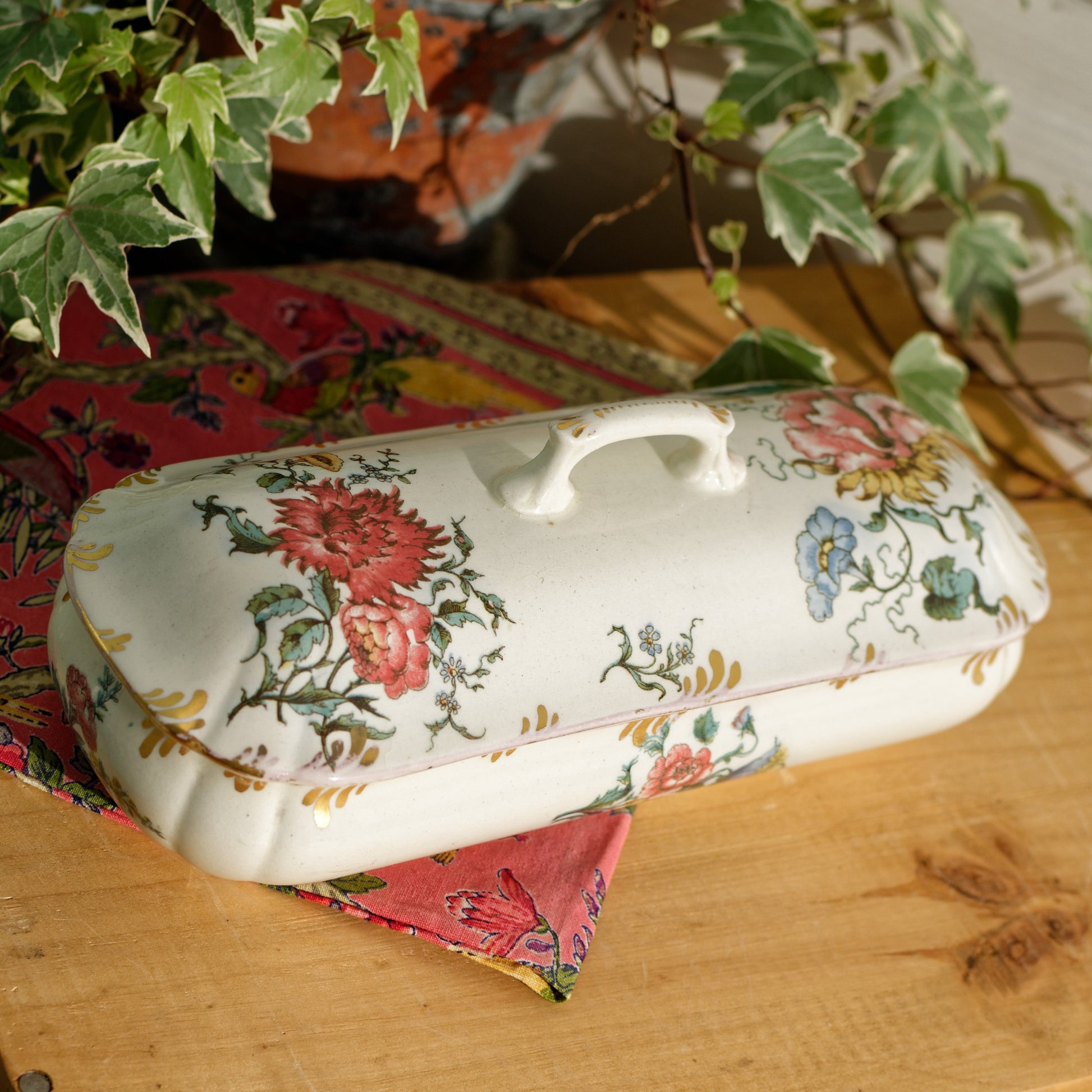 H&B CHOISY-LE-ROI French Antique Ironstone Polychrome Floral Rectangular lidded Toiletry Dish Gilded Gold Trim