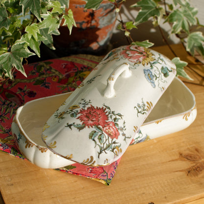 H&B CHOISY-LE-ROI French Antique Ironstone Polychrome Floral Rectangular lidded Toiletry Dish Gilded Gold Trim