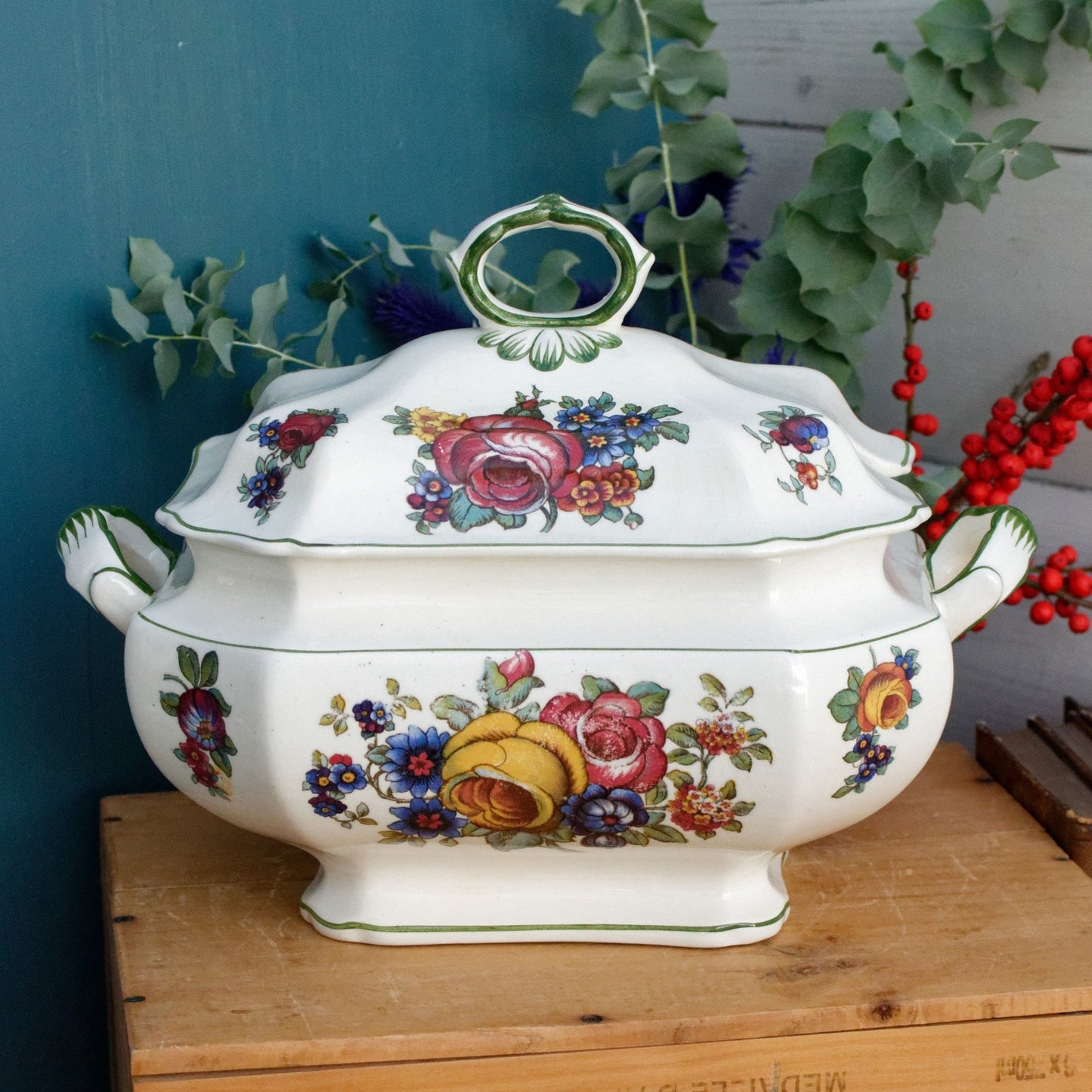 VILLEROY & BOCH VB Wallerfangen SAAR French German Vintage Hand-Painted Ironstone Soup Tureen Soupière Terre de Fer Faience