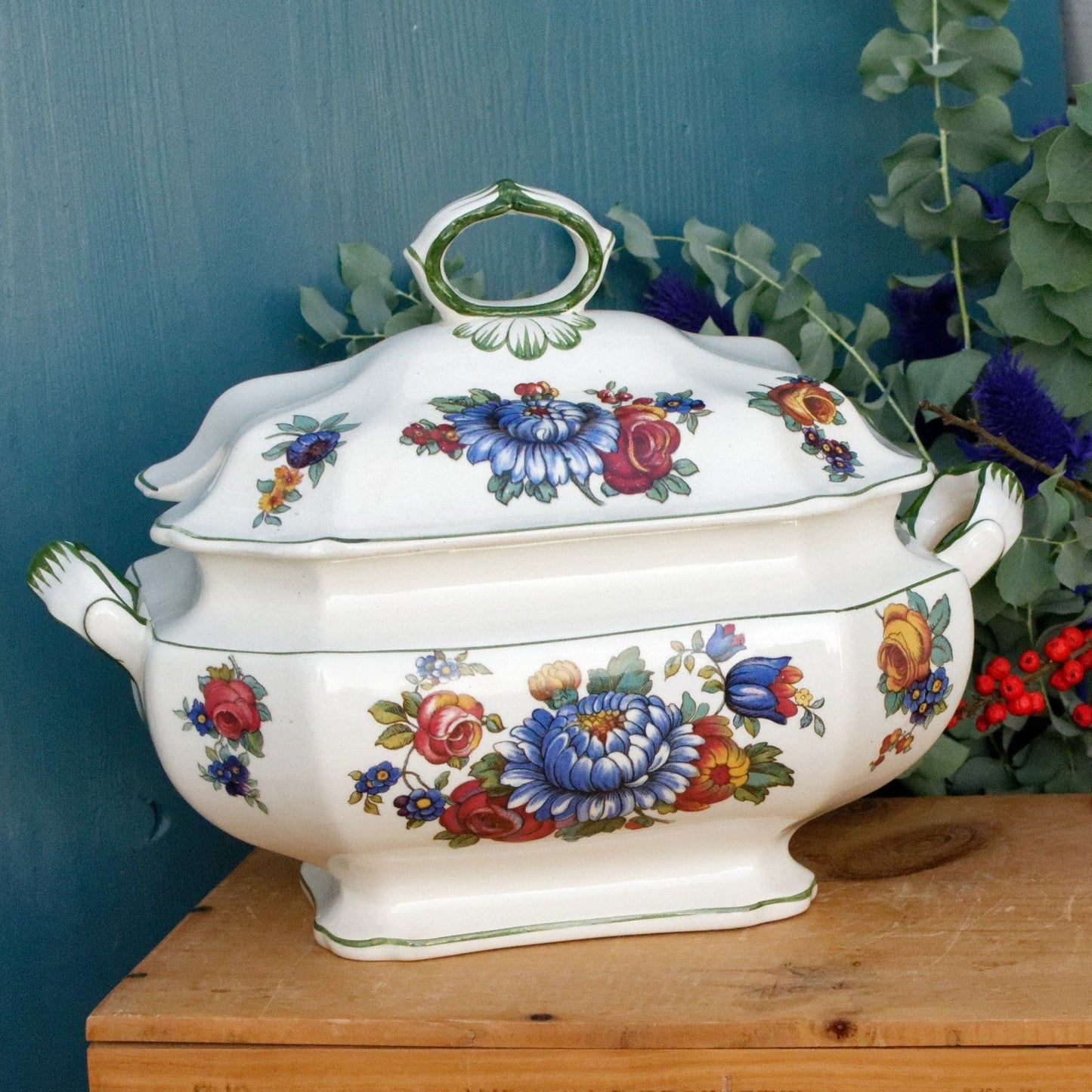 VILLEROY & BOCH VB Wallerfangen SAAR French German Vintage Hand-Painted Ironstone Soup Tureen Soupière Terre de Fer Faience