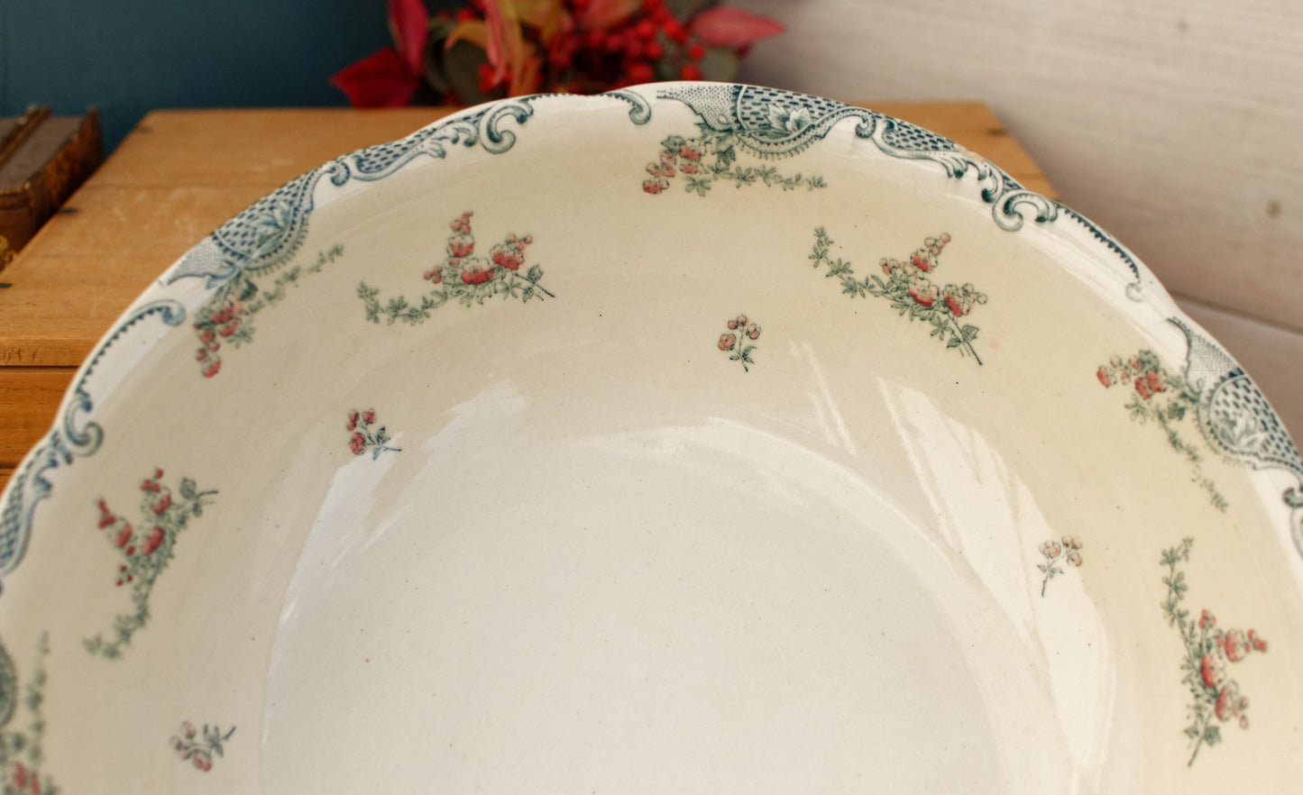 French Antique Ironstone Vincennes Motif Longwy Serving Bowl Terre de Fer Faience