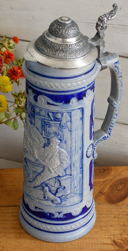 German Vintage Collectible Glazed Stoneware Beer Mug Stein in Cobalt Blue & Pewter Lid Chope à Bière