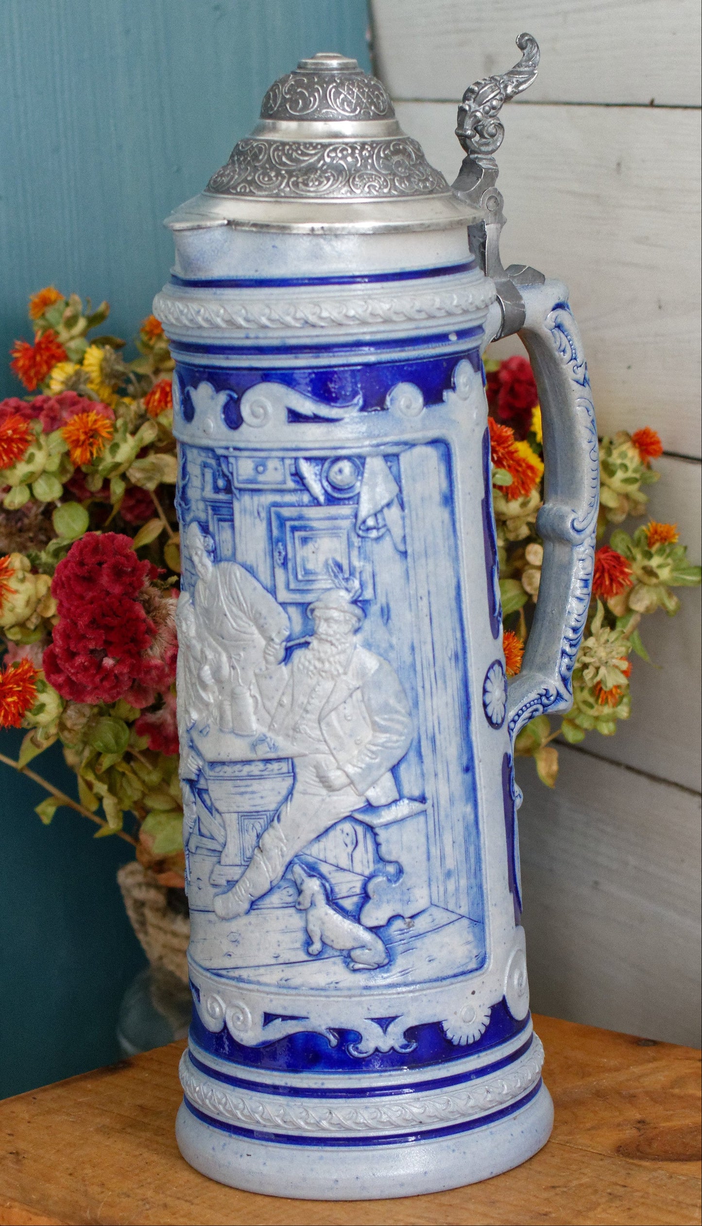 German Vintage Collectible Glazed Stoneware Beer Mug Stein in Cobalt Blue & Pewter Lid Chope à Bière