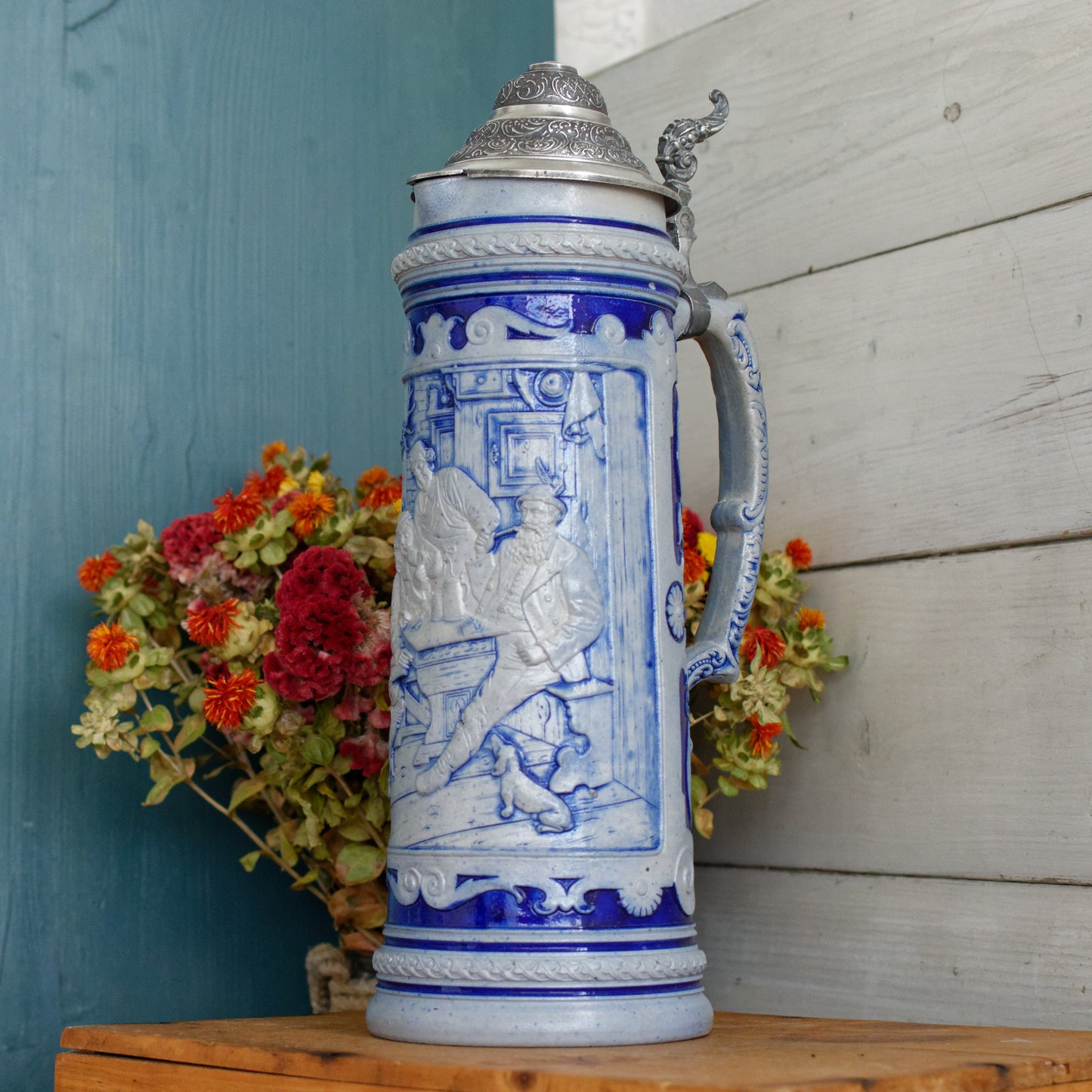 German Vintage Collectible Glazed Stoneware Beer Mug Stein in Cobalt Blue & Pewter Lid Chope à Bière