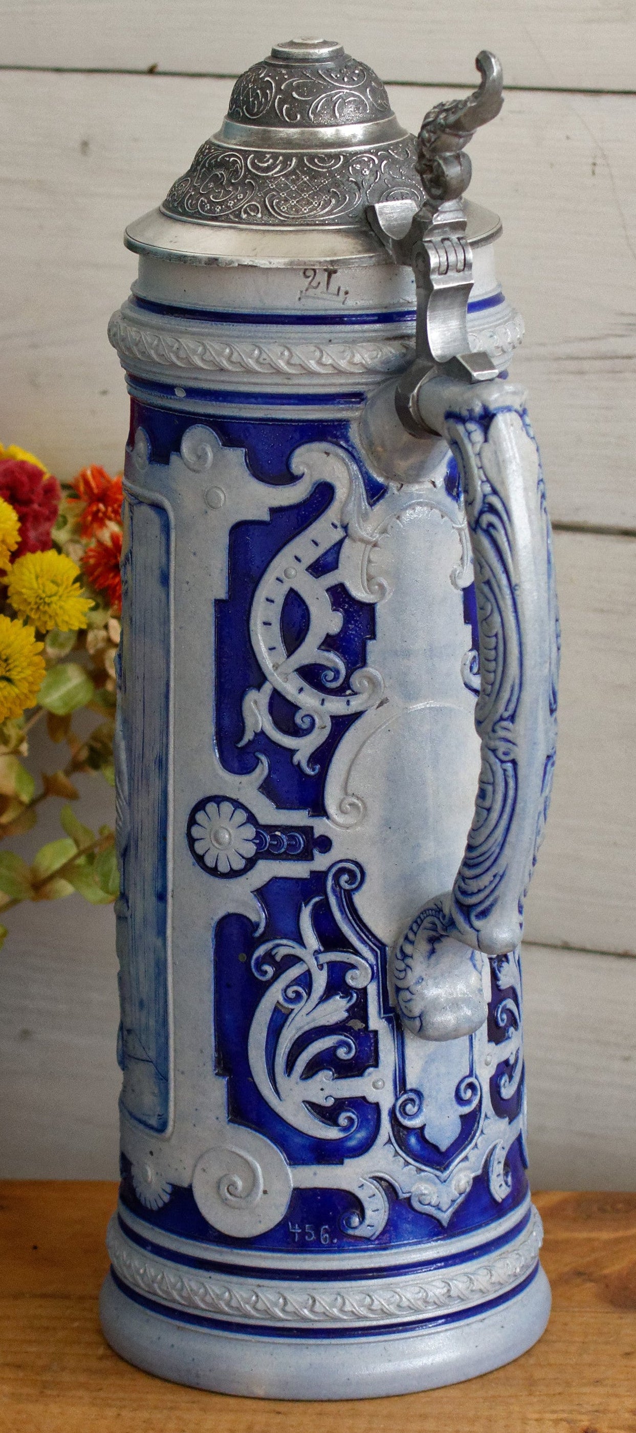 German Vintage Collectible Glazed Stoneware Beer Mug Stein in Cobalt Blue & Pewter Lid Chope à Bière