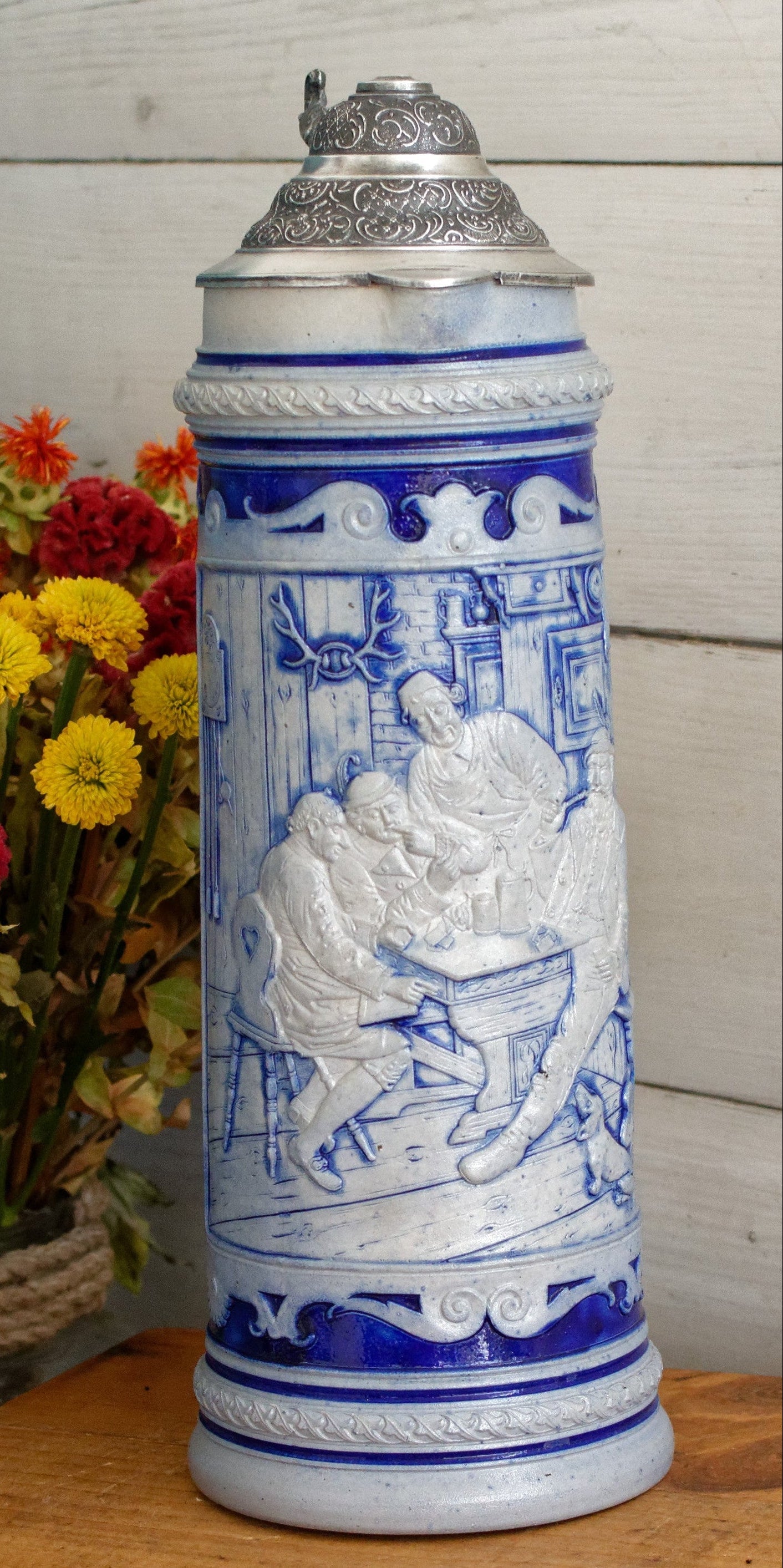 German Vintage Collectible Glazed Stoneware Beer Mug Stein in Cobalt Blue & Pewter Lid Chope à Bière