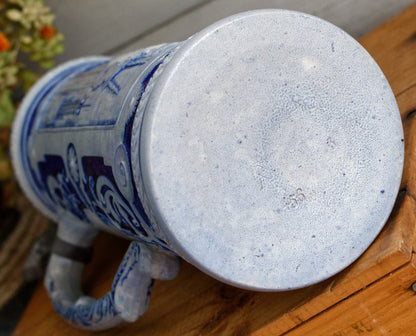 German Vintage Collectible Glazed Stoneware Beer Mug Stein in Cobalt Blue & Pewter Lid Chope à Bière