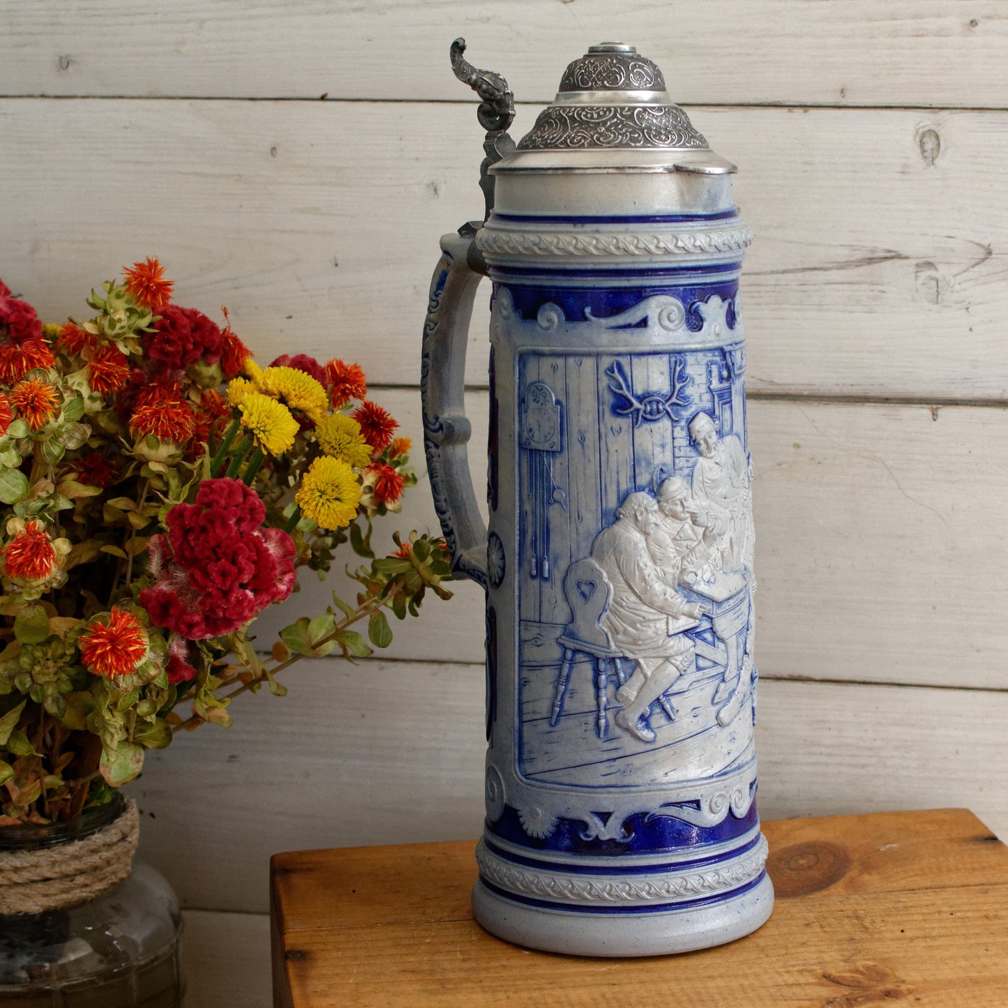 German Vintage Collectible Glazed Stoneware Beer Mug Stein in Cobalt Blue & Pewter Lid ~ "Chope à Bière" ~