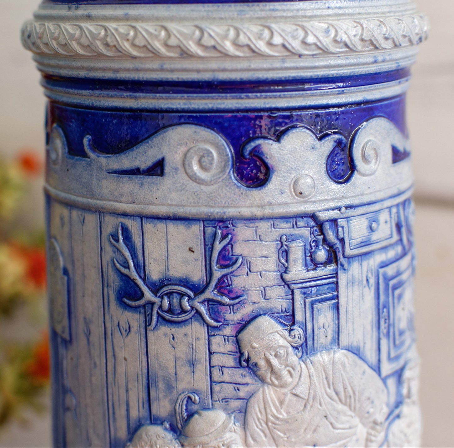 German Vintage Collectible Glazed Stoneware Beer Mug Stein in Cobalt Blue & Pewter Lid Chope à Bière