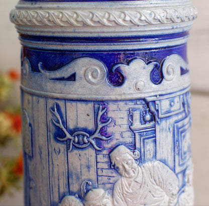 German Vintage Collectible Glazed Stoneware Beer Mug Stein in Cobalt Blue & Pewter Lid Chope à Bière