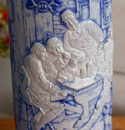 German Vintage Collectible Glazed Stoneware Beer Mug Stein in Cobalt Blue & Pewter Lid Chope à Bière
