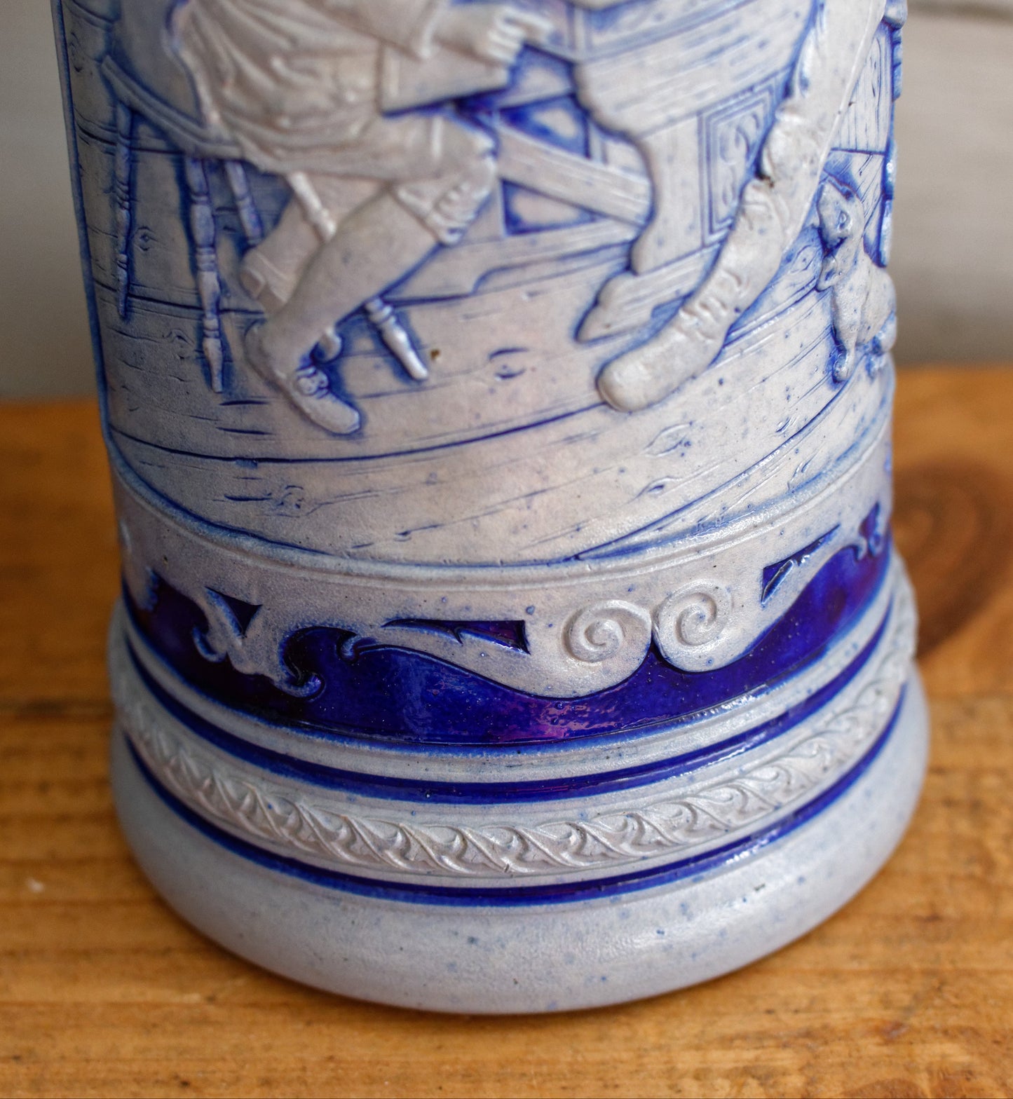 German Vintage Collectible Glazed Stoneware Beer Mug Stein in Cobalt Blue & Pewter Lid Chope à Bière