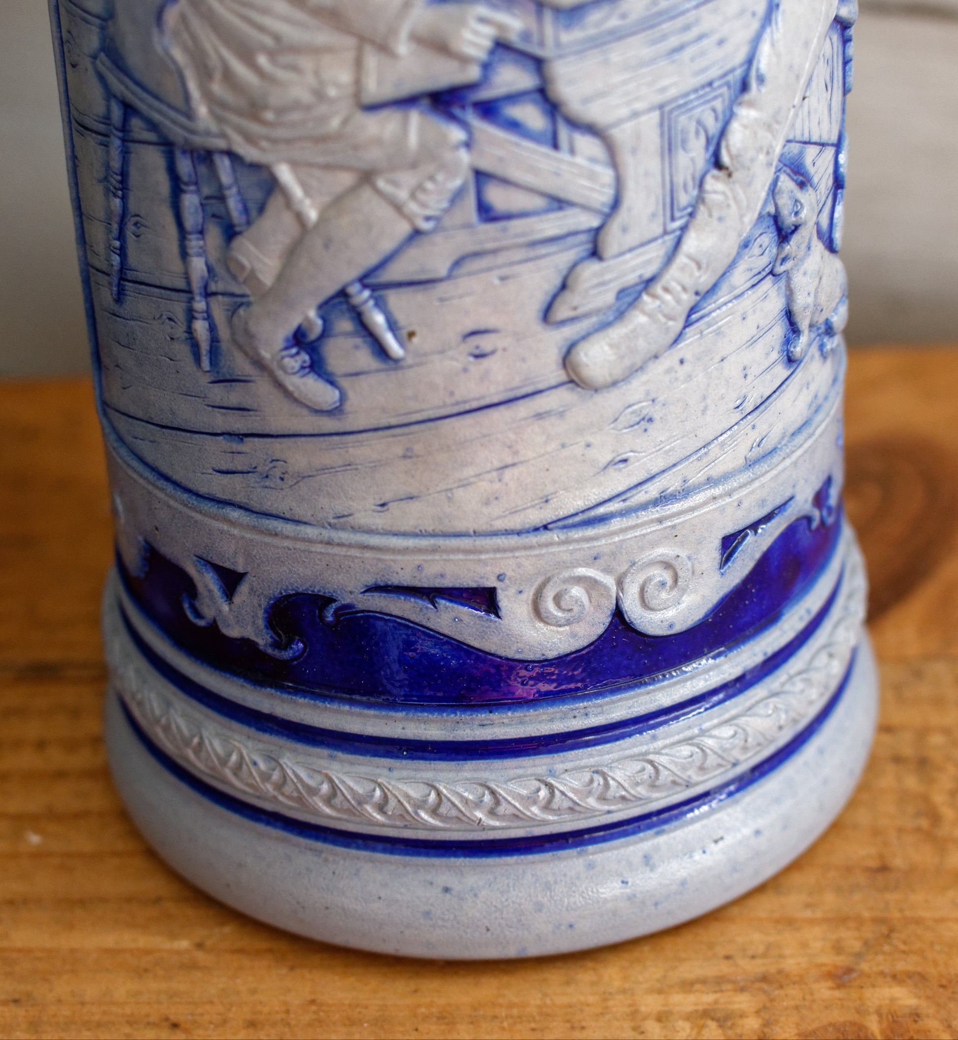 German Vintage Collectible Glazed Stoneware Beer Mug Stein in Cobalt Blue & Pewter Lid Chope à Bière
