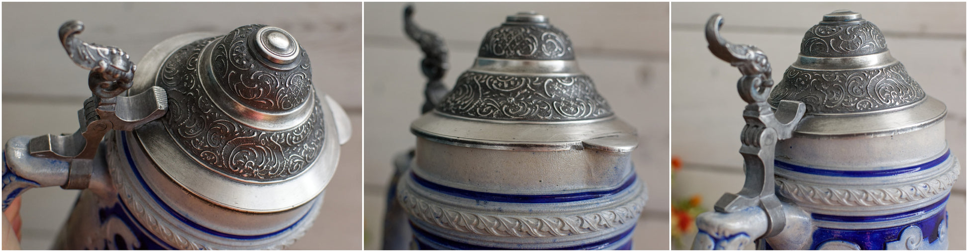 German Vintage Collectible Glazed Stoneware Beer Mug Stein in Cobalt Blue & Pewter Lid Chope à Bière