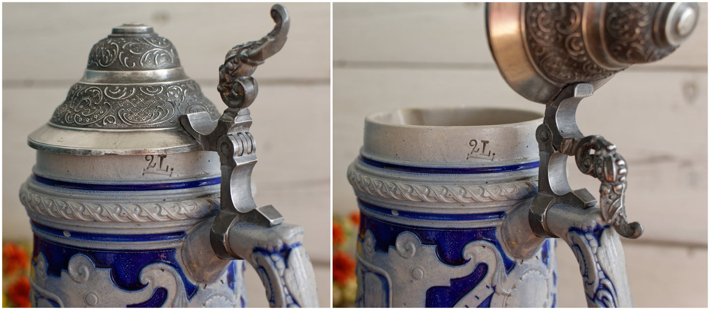 German Vintage Collectible Glazed Stoneware Beer Mug Stein in Cobalt Blue & Pewter Lid Chope à Bière