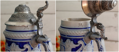 German Vintage Collectible Glazed Stoneware Beer Mug Stein in Cobalt Blue & Pewter Lid Chope à Bière