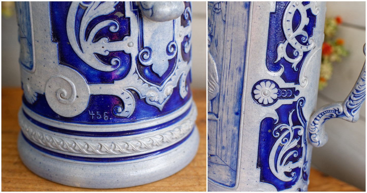 German Vintage Collectible Glazed Stoneware Beer Mug Stein in Cobalt Blue & Pewter Lid Chope à Bière
