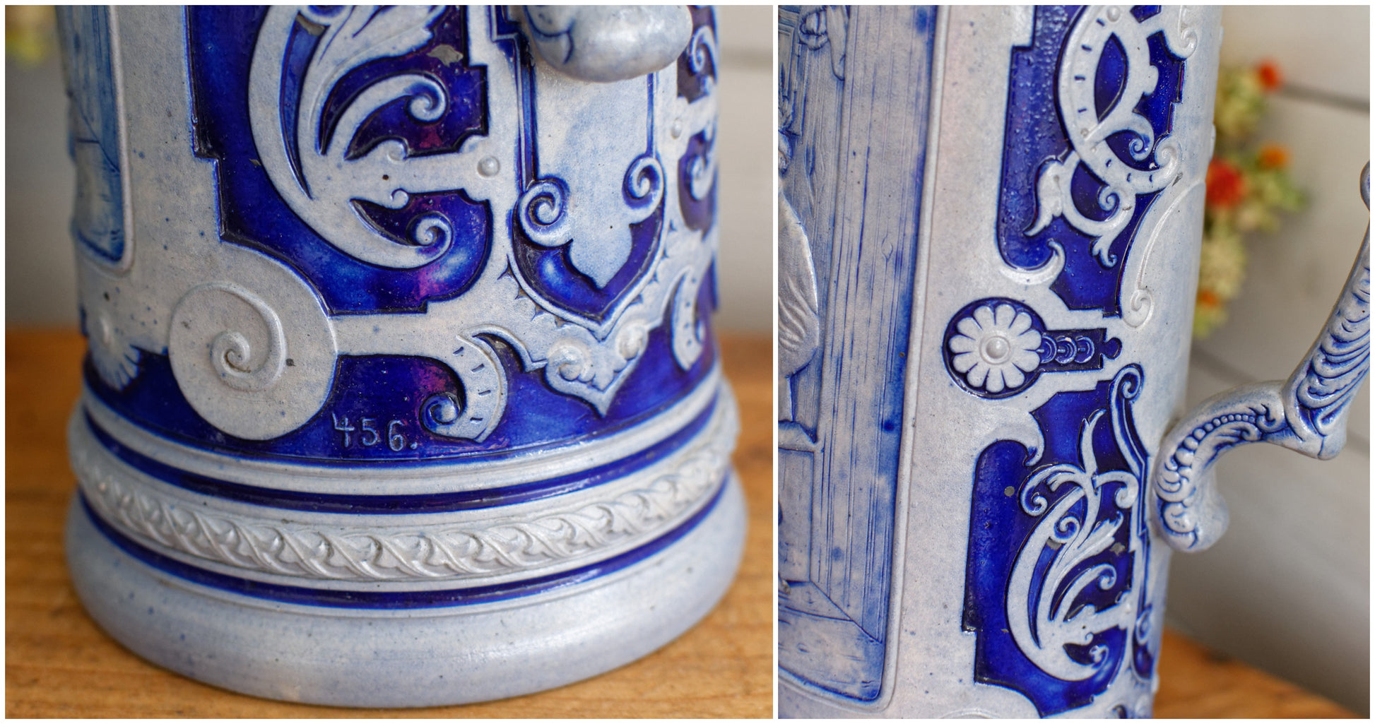 German Vintage Collectible Glazed Stoneware Beer Mug Stein in Cobalt Blue & Pewter Lid Chope à Bière
