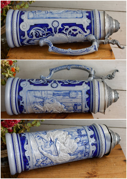 German Vintage Collectible Glazed Stoneware Beer Mug Stein in Cobalt Blue & Pewter Lid Chope à Bière