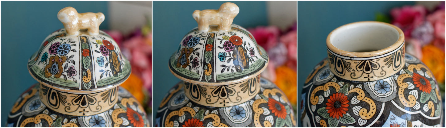 Vintage Netherlands Ceramic Polychrome Lidded Vase ~ Petrus Regout & Co Maastricht Porcelain Ginger Pot URN