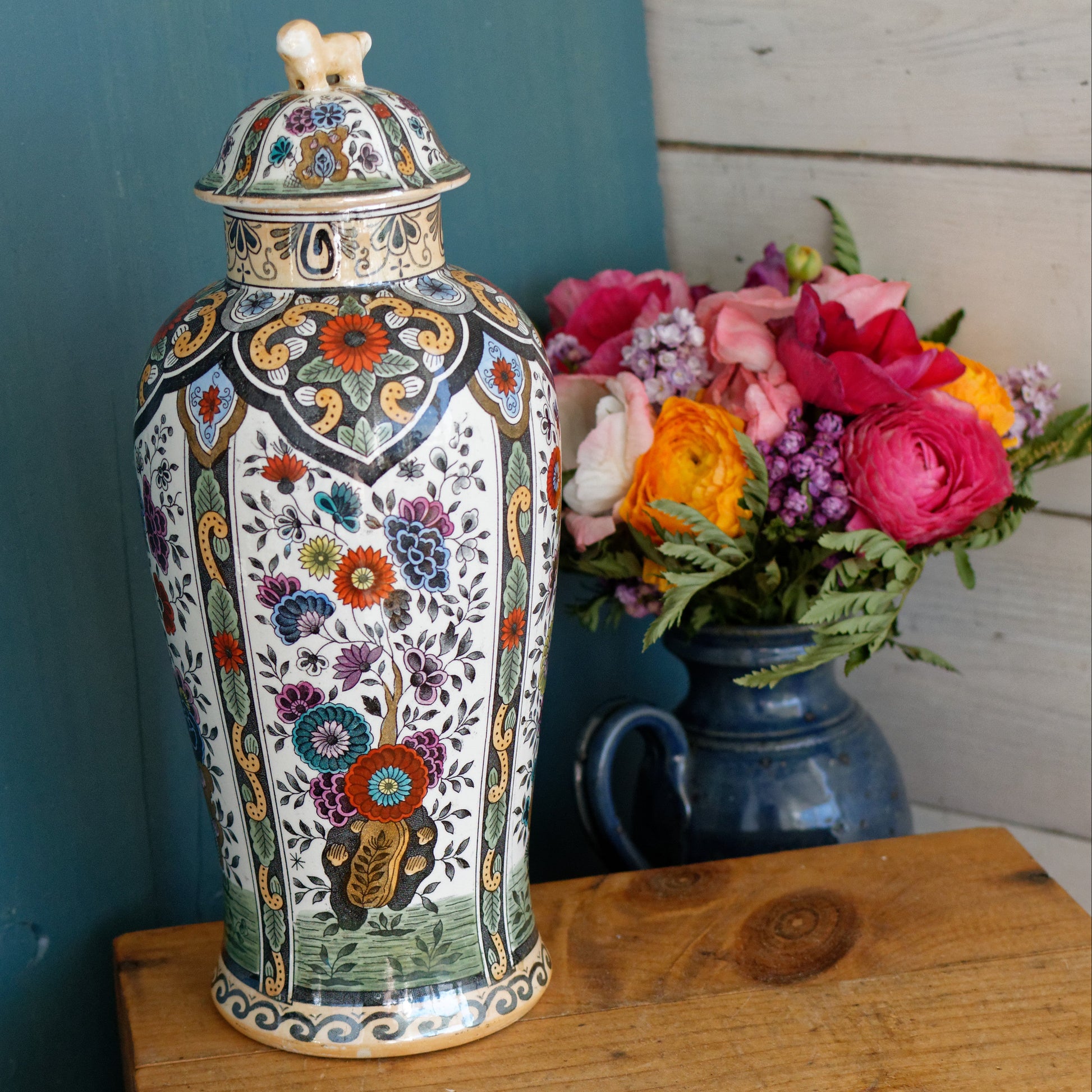 Vintage Netherlands Ceramic Polychrome Lidded Vase Petrus Regout & Co Maastricht Porcelain Ginger Pot URN
