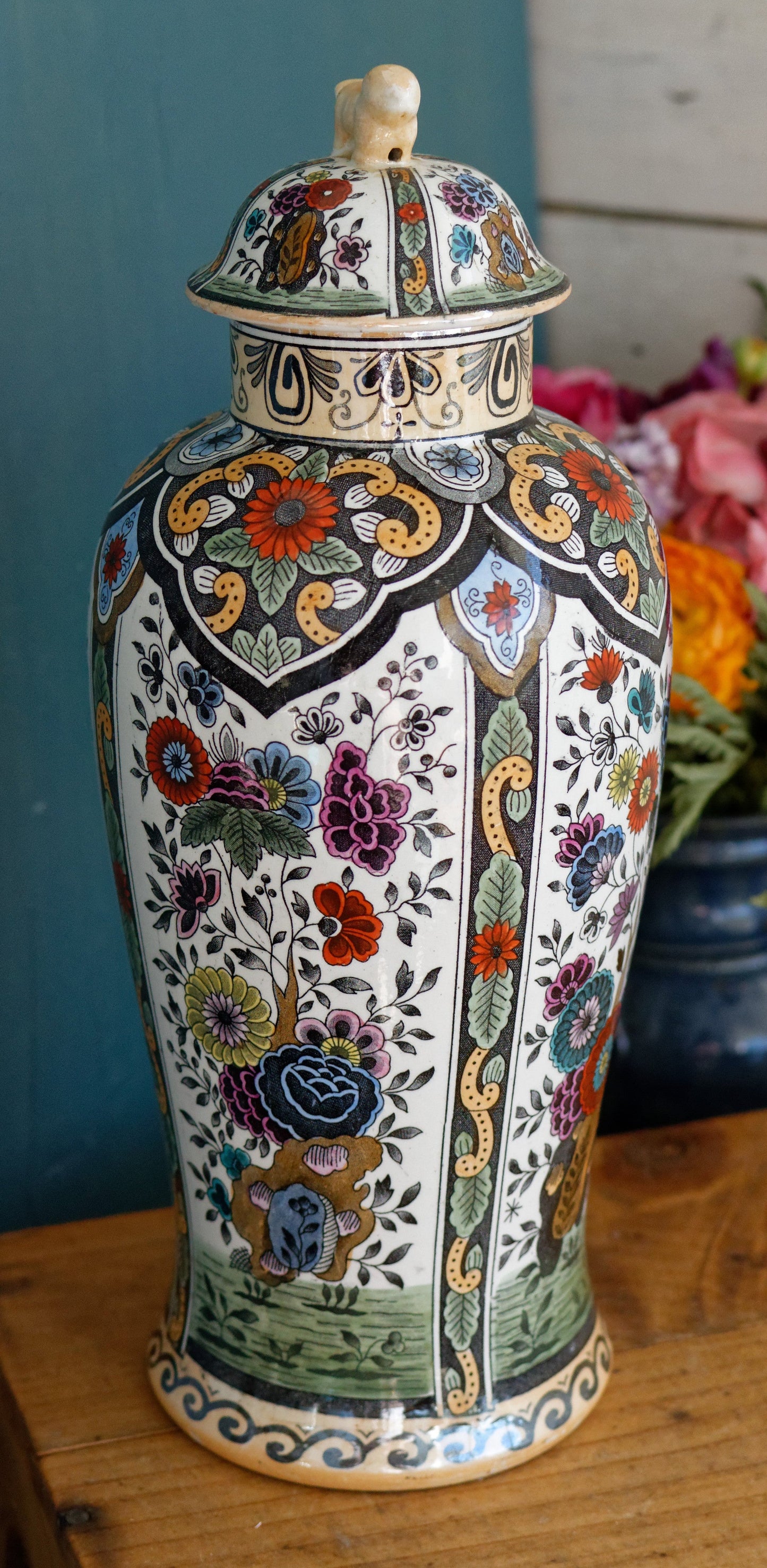 Vintage Netherlands Ceramic Polychrome Lidded Vase Petrus Regout & Co Maastricht Porcelain Ginger Pot URN