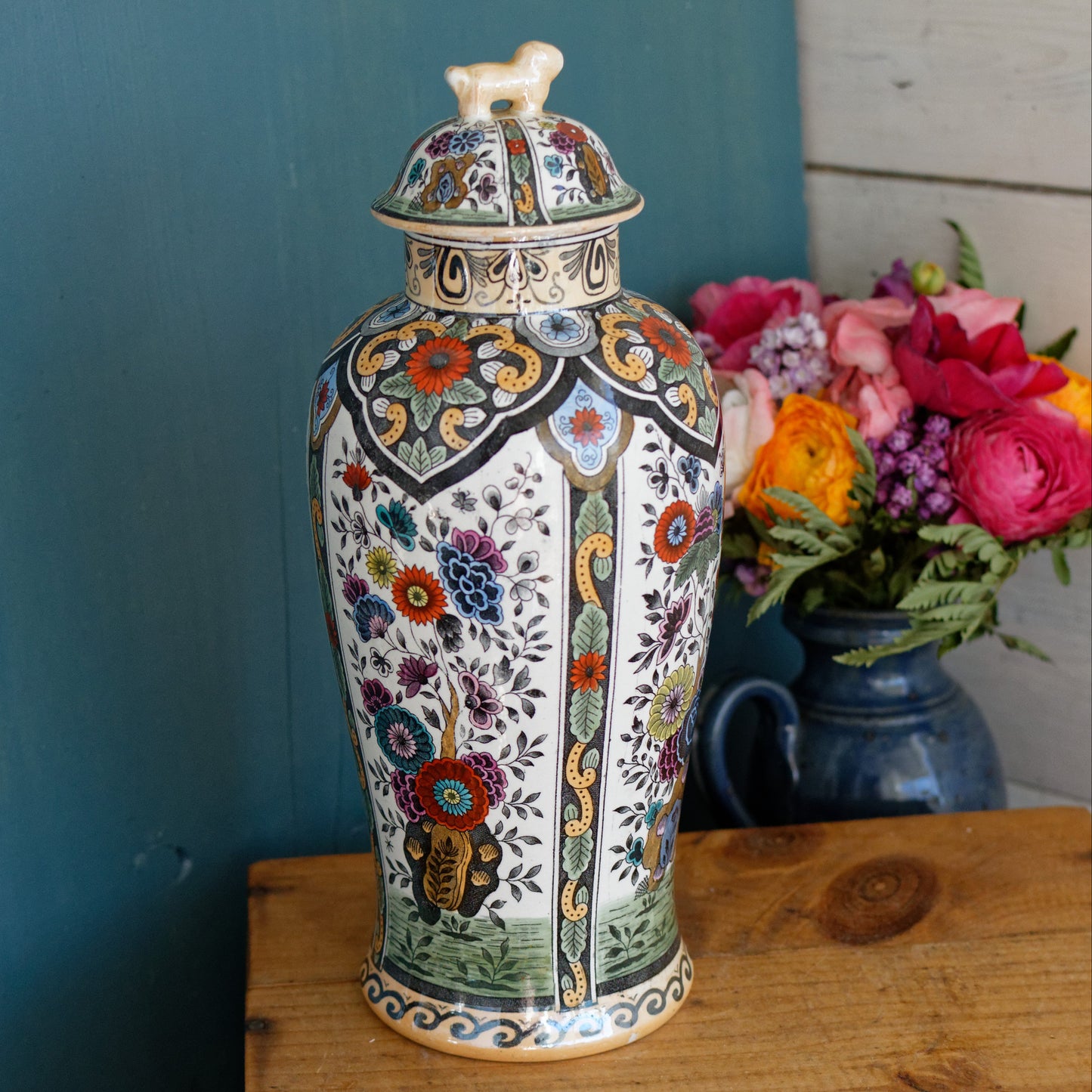 Vintage Netherlands Ceramic Polychrome Lidded Vase Petrus Regout & Co Maastricht Porcelain Ginger Pot URN