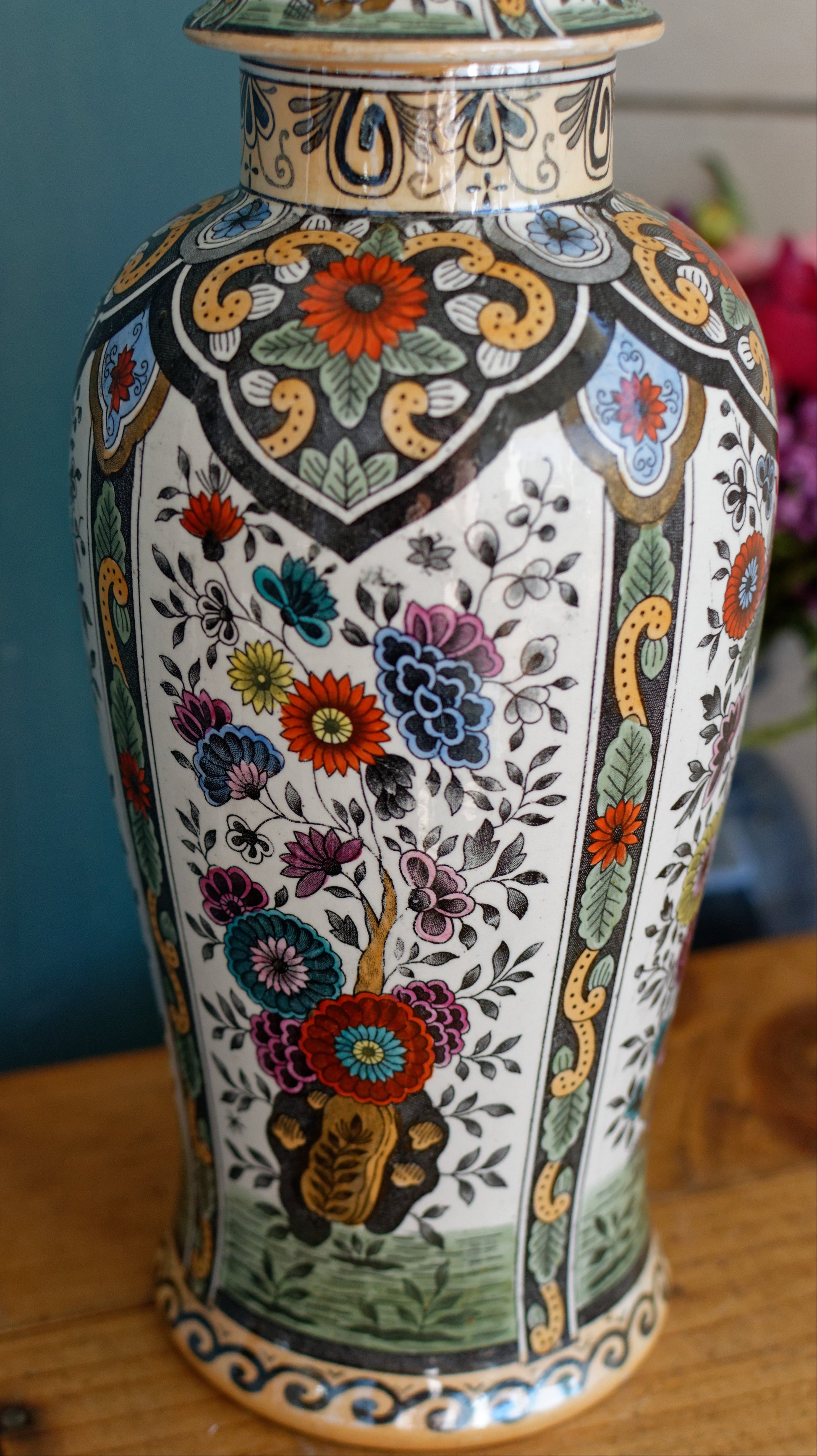 Vintage Netherlands Ceramic Polychrome Lidded Vase Petrus Regout & Co Maastricht Porcelain Ginger Pot URN