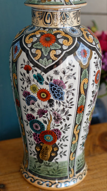 Vintage Netherlands Ceramic Polychrome Lidded Vase Petrus Regout & Co Maastricht Porcelain Ginger Pot URN