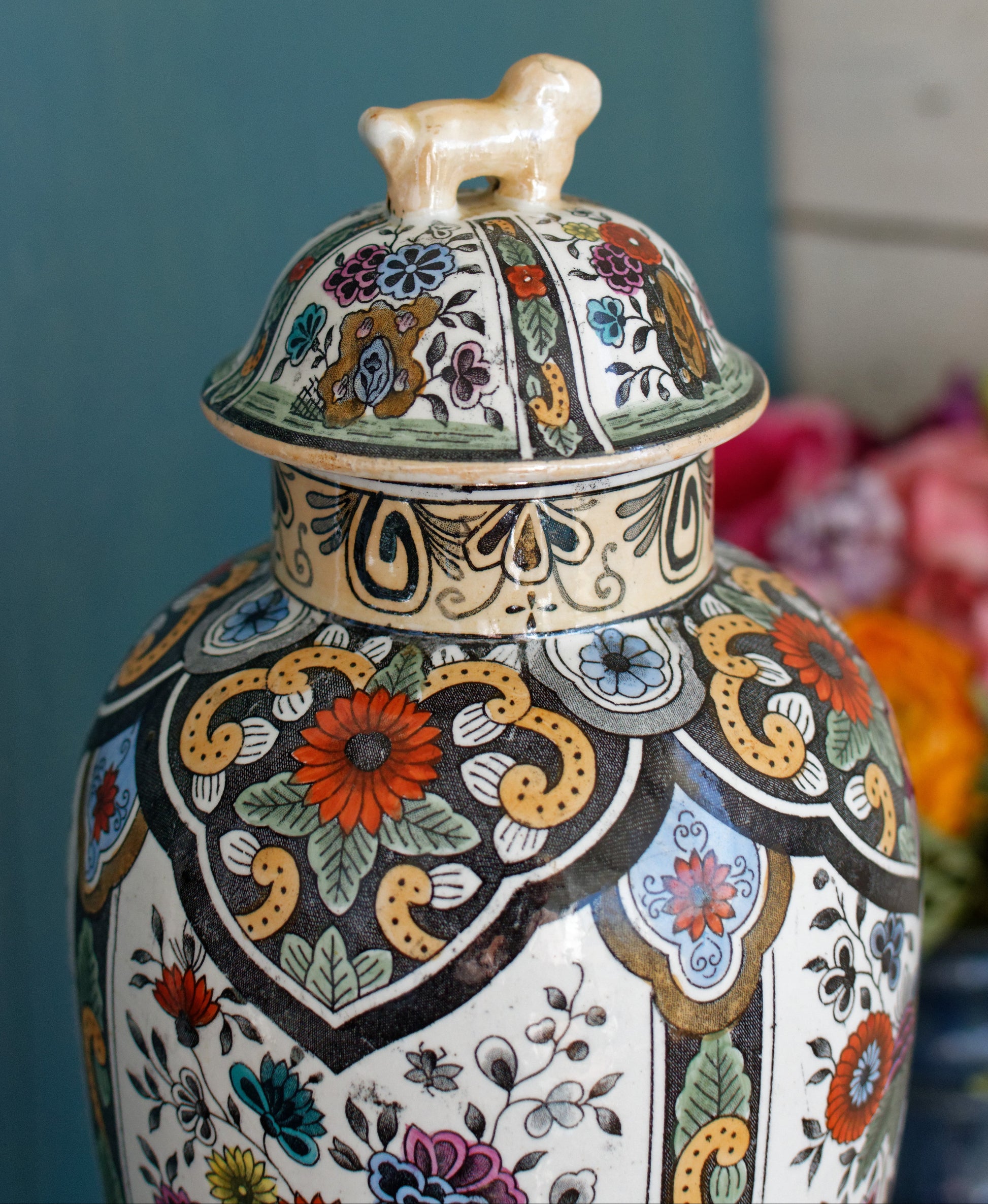 Vintage Netherlands Ceramic Polychrome Lidded Vase Petrus Regout & Co Maastricht Porcelain Ginger Pot URN