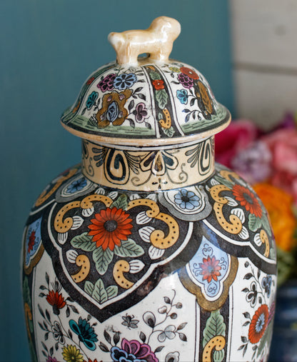 Vintage Netherlands Ceramic Polychrome Lidded Vase Petrus Regout & Co Maastricht Porcelain Ginger Pot URN