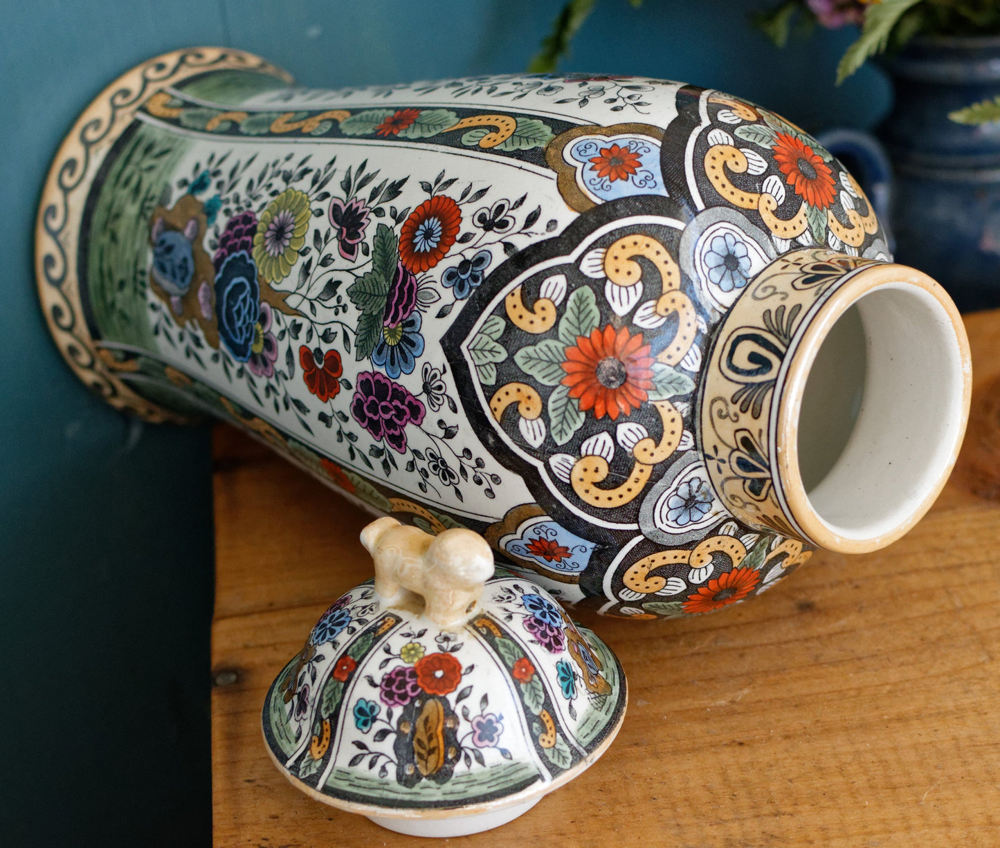 Vintage Netherlands Ceramic Polychrome Lidded Vase Petrus Regout & Co Maastricht Porcelain Ginger Pot URN
