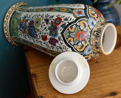 Vintage Netherlands Ceramic Polychrome Lidded Vase Petrus Regout & Co Maastricht Porcelain Ginger Pot URN