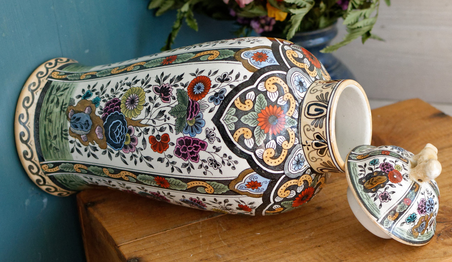 Vintage Netherlands Ceramic Polychrome Lidded Vase Petrus Regout & Co Maastricht Porcelain Ginger Pot URN