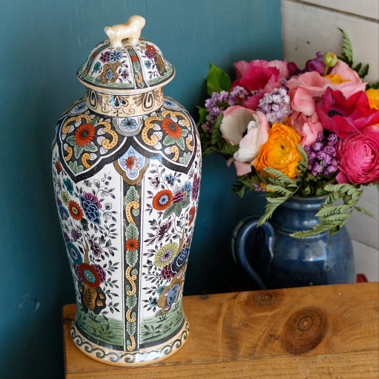 Vintage Netherlands Ceramic Polychrome Lidded Vase Petrus Regout & Co Maastricht Porcelain Ginger Pot URN