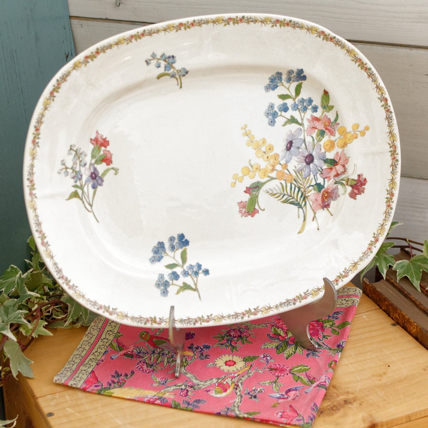 1900s ~ "VERONIQUE" Sarreguemines U&C ~ French Antique Floral Ironstone Polychrome Rectangle Serving Plate ~ Terre de Fer in Faience