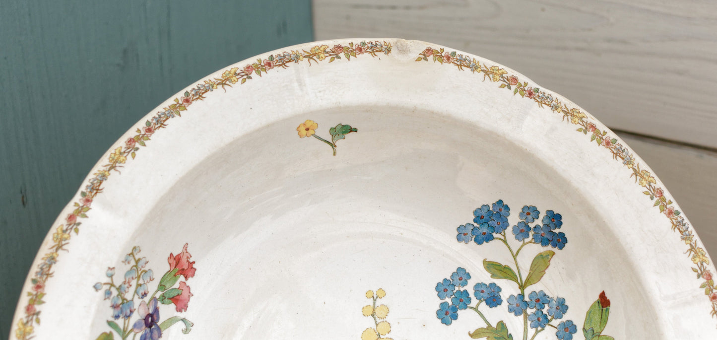 VERONIQUE Motif Sarreguemines U&C French Antique Floral Ironstone Polychrome Round Serving Bowl Terre de Fer in Faience