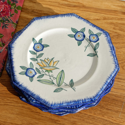 VIEUX LONGWY French Antique Ironstone Hand-Painted Floral Octagon Plate Terre de Fer Art Faience