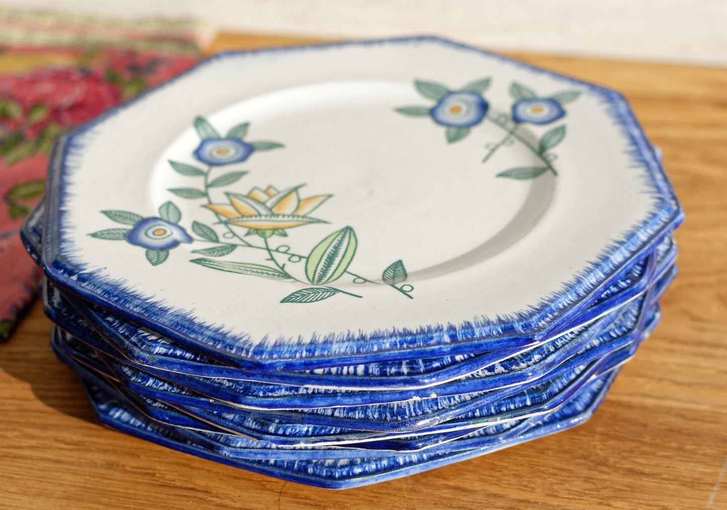 VIEUX LONGWY French Antique Ironstone Hand-Painted Floral Octagon Plate Terre de Fer Art Faience