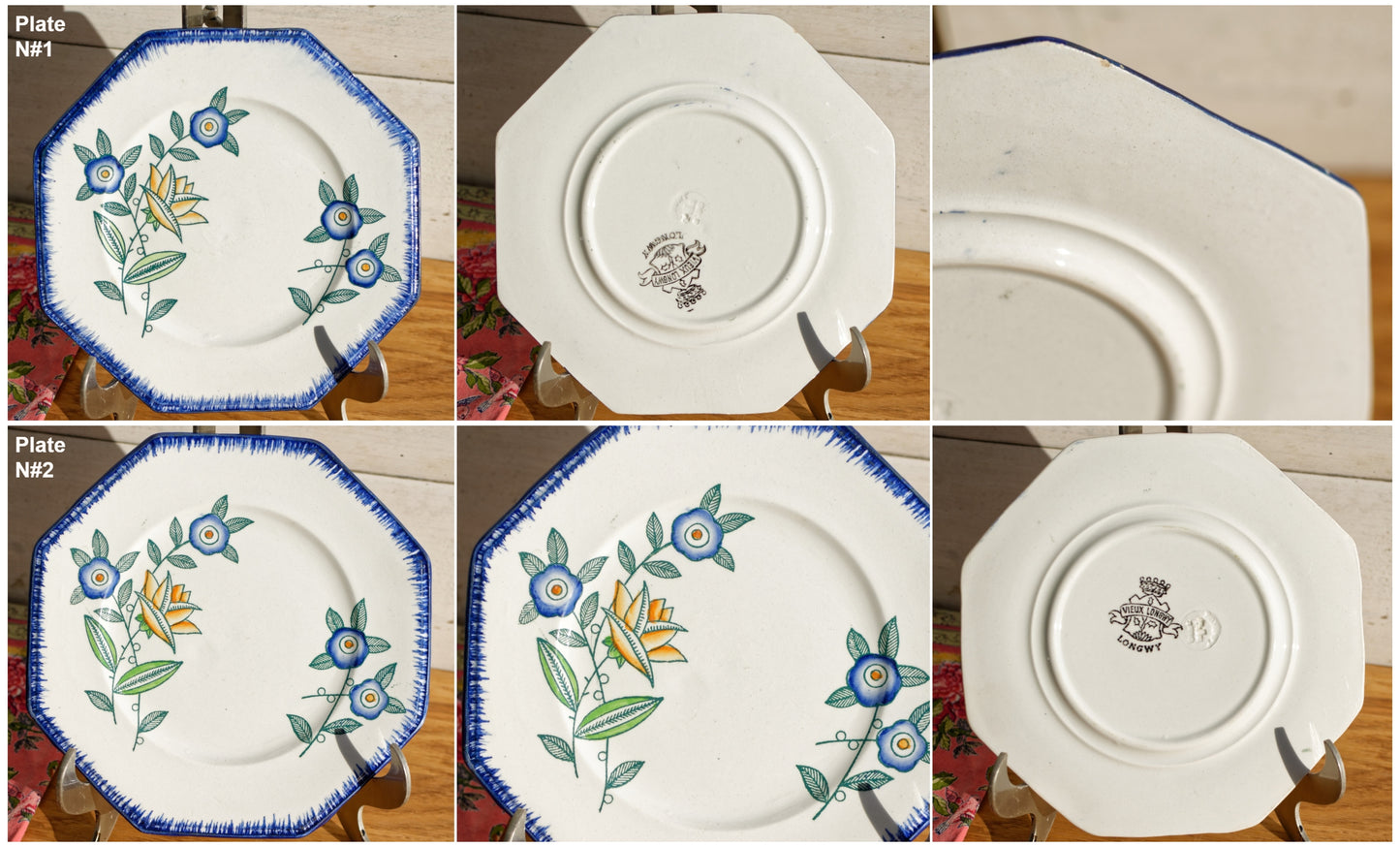 VIEUX LONGWY French Antique Ironstone Hand-Painted Floral Octagon Plate Terre de Fer Art Faience