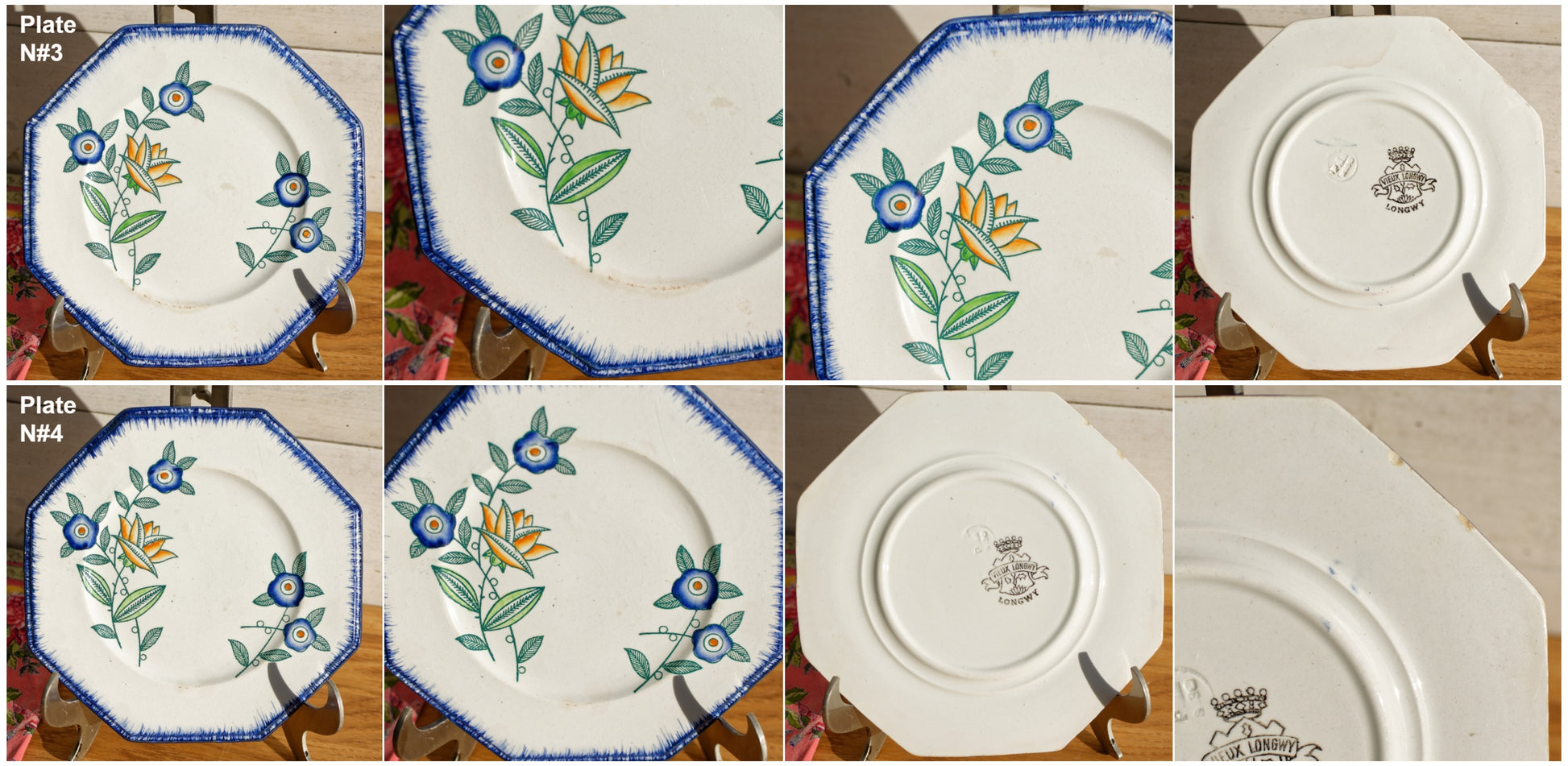 VIEUX LONGWY French Antique Ironstone Hand-Painted Floral Octagon Plate Terre de Fer Art Faience