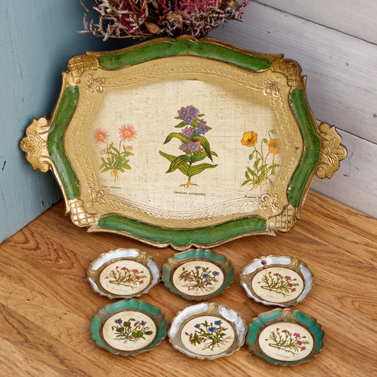 Florentine Style Tray & Coaster Set Italian Vintage Wooden Decorative Serving Pieces Les Aromatiques Herb Themed