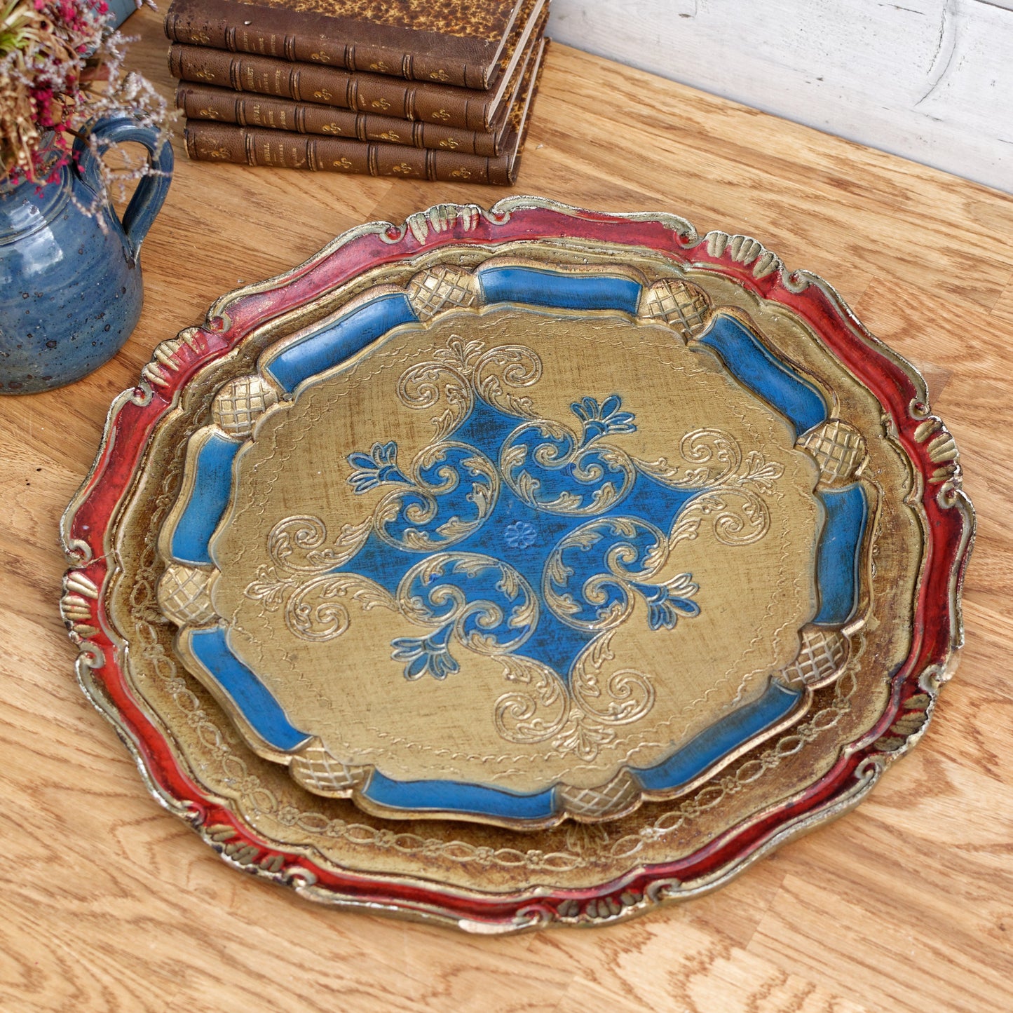 1950s ~ Florentine Style Tray Set ~ Italian Vintage Wooden Decorative Serving Pieces