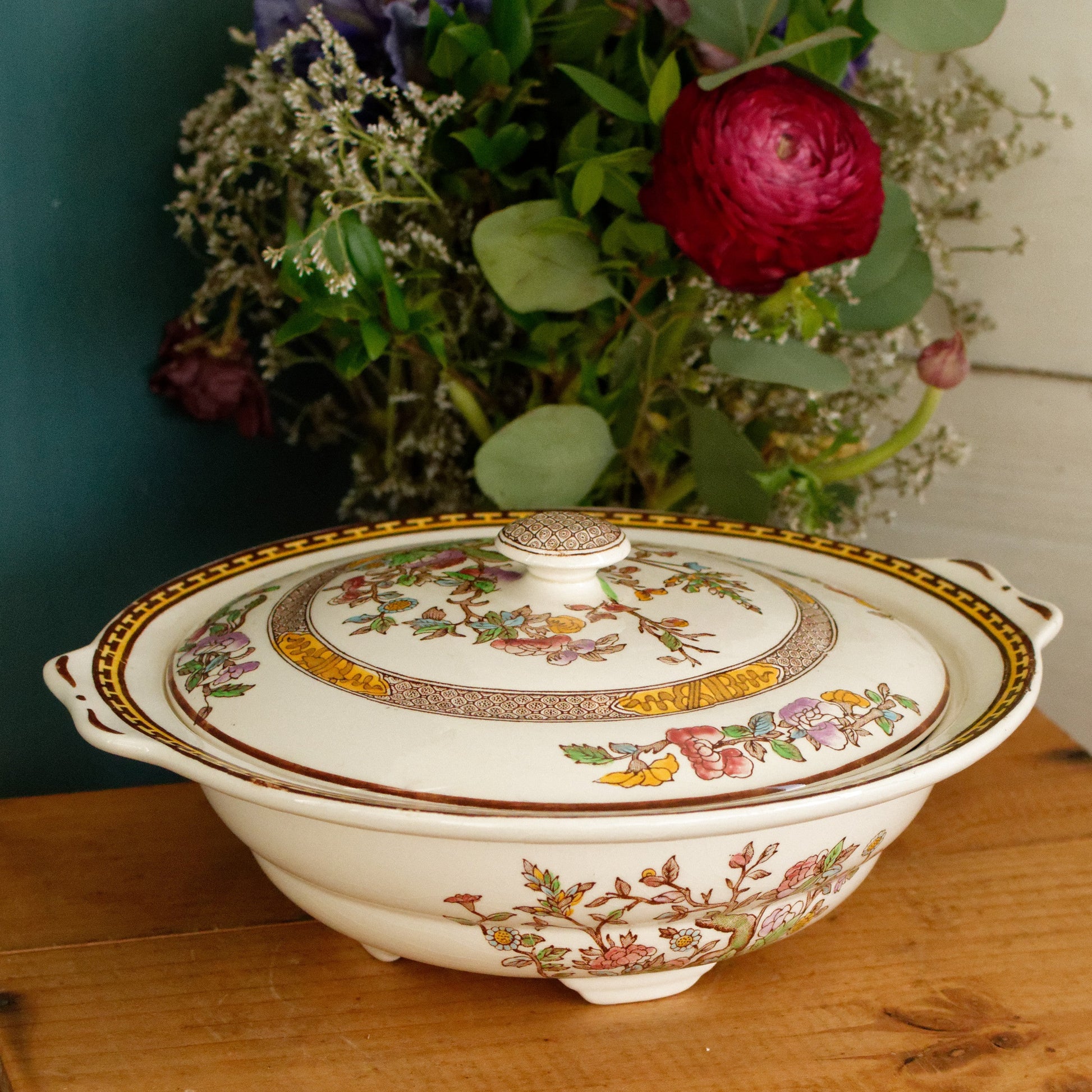 1930s Indian Tree by WASHINGTON Pottery English Vintage Ironstone Polychrome Covered Serving Tureen  Fine China