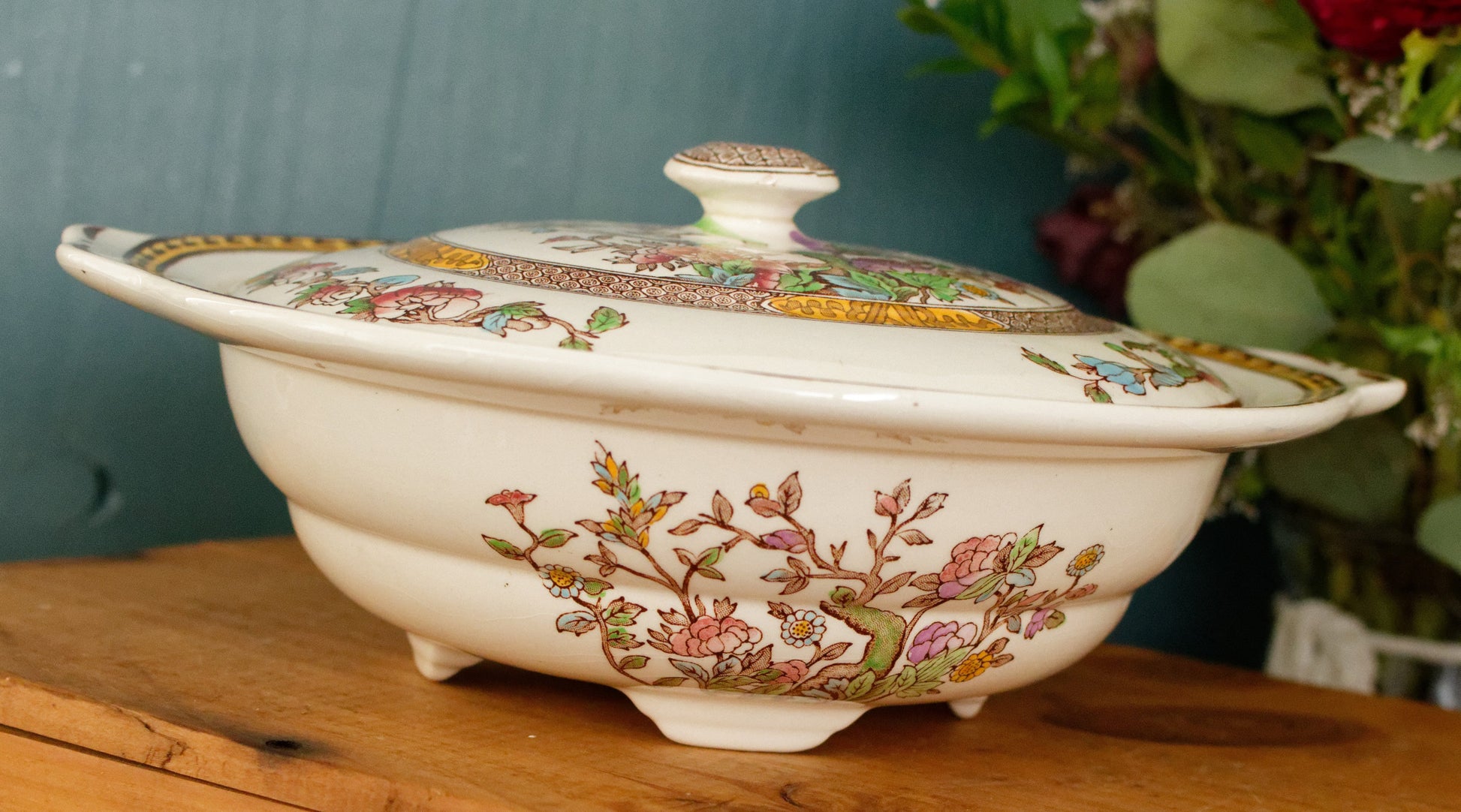 1930s Indian Tree by WASHINGTON Pottery English Vintage Ironstone Polychrome Covered Serving Tureen  Fine China
